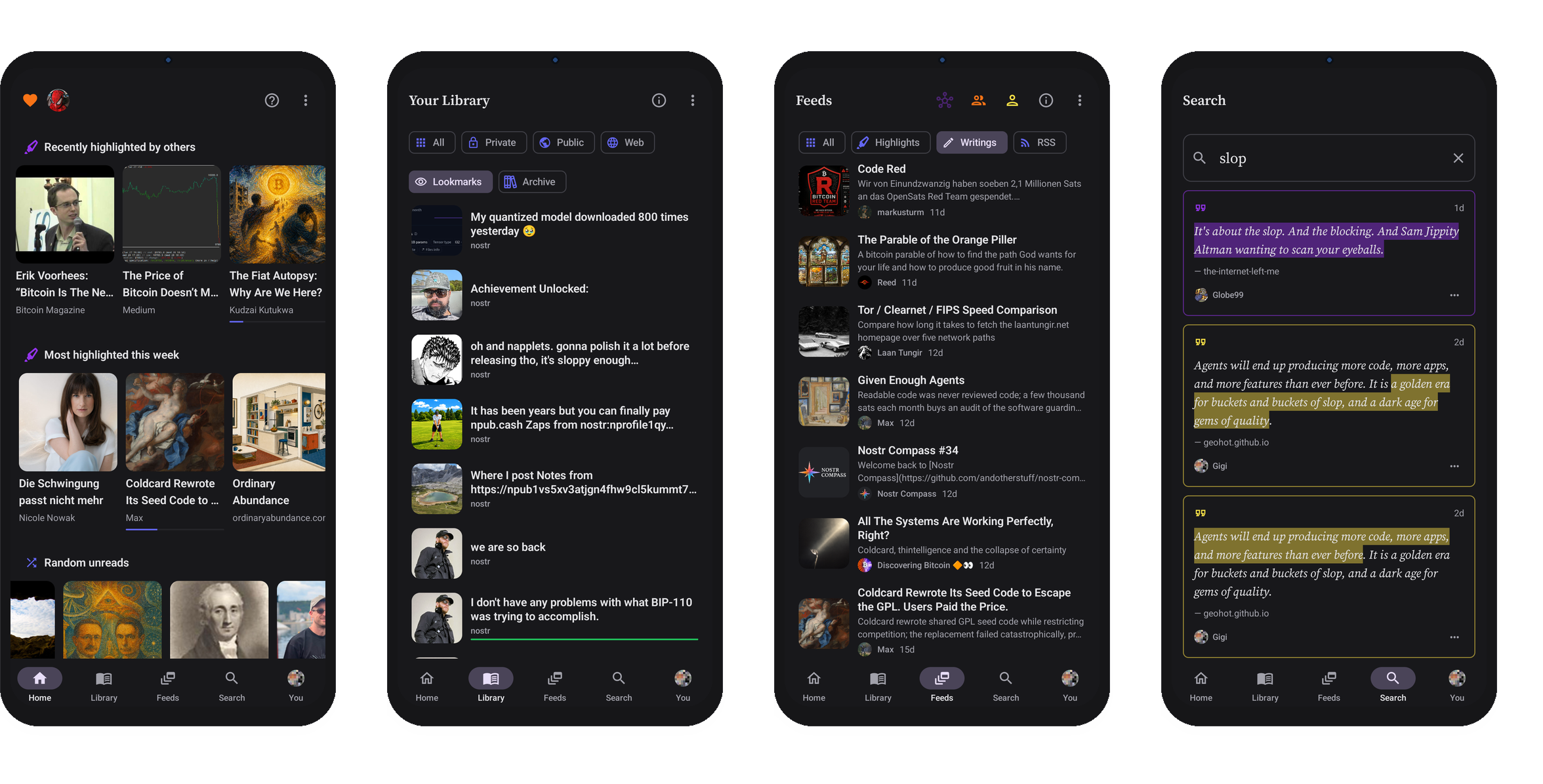 Four Boris Android screens: home, library, feeds, and search