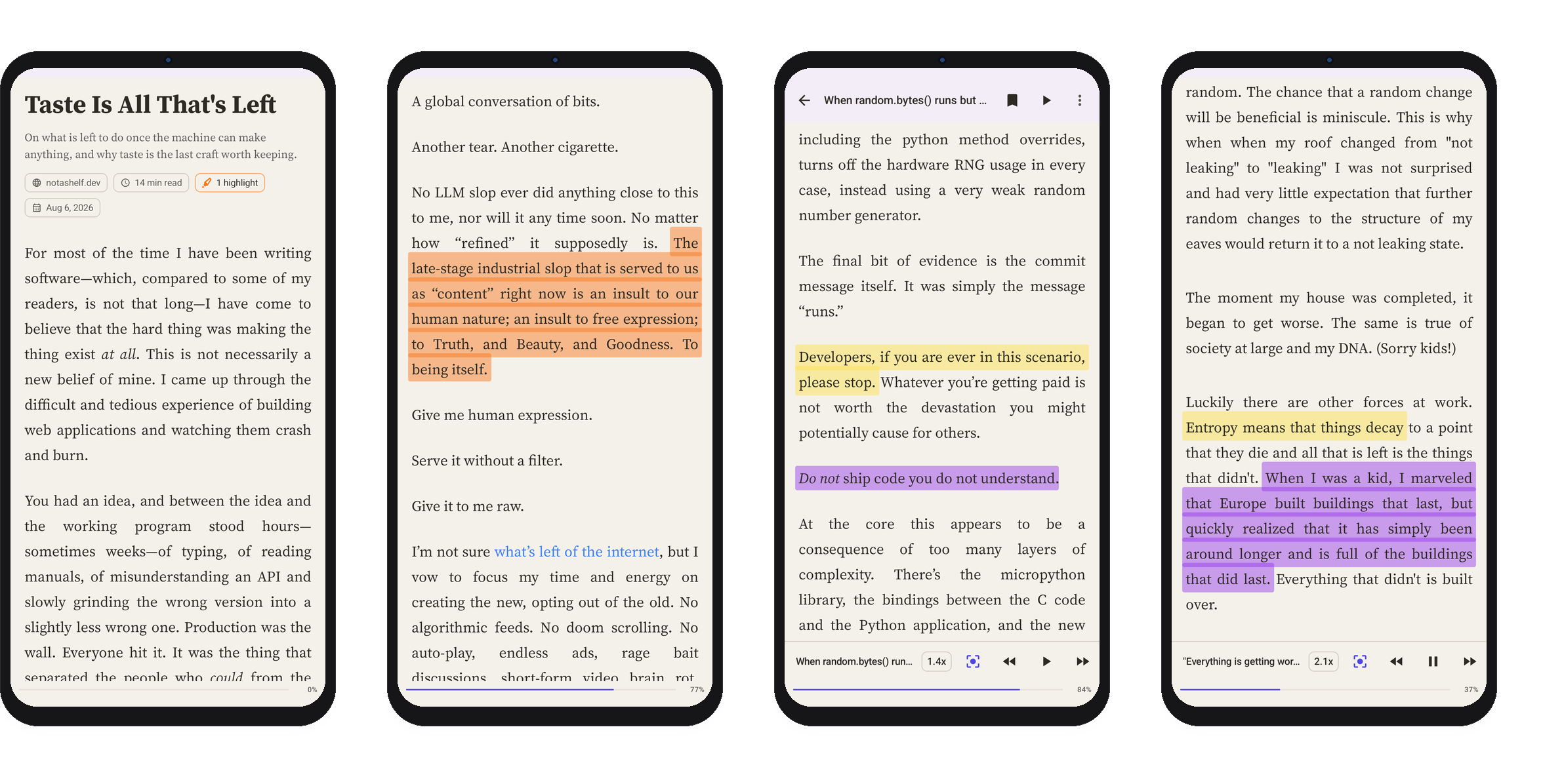 Four Boris Android screens: reading, highlighting, and listening with TTS